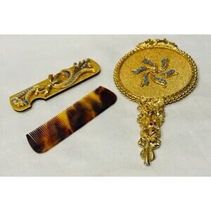 MIRELLA Ornate Gold Plated Hand Mirror and Travel Comb Set vanity set Vtg